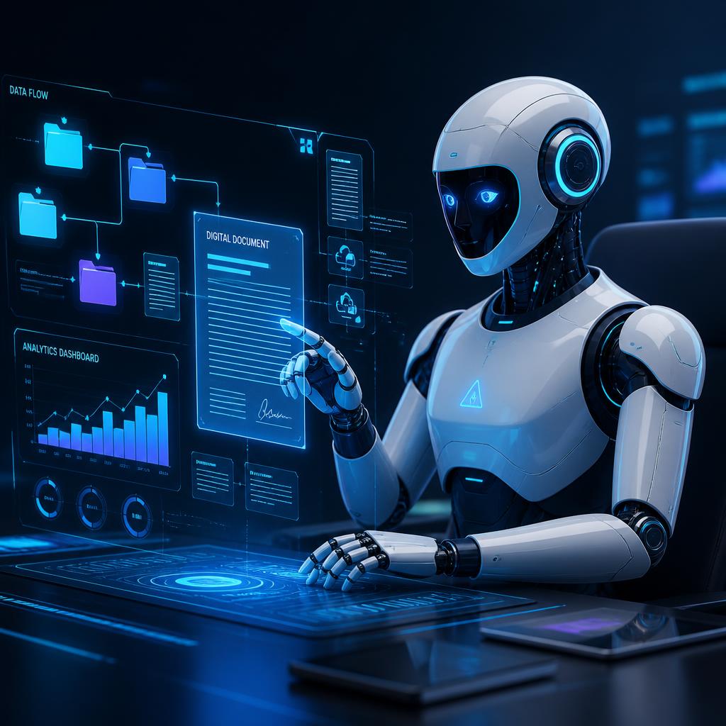 Robô de inteligência artificial analisando documentos digitais e painéis de dados